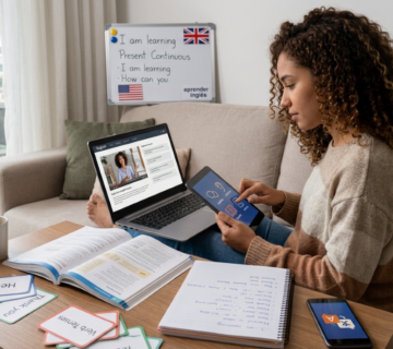 Pessoa estudando ingles em notebook e celular usando aplicativos de aprendizado de indiomas 