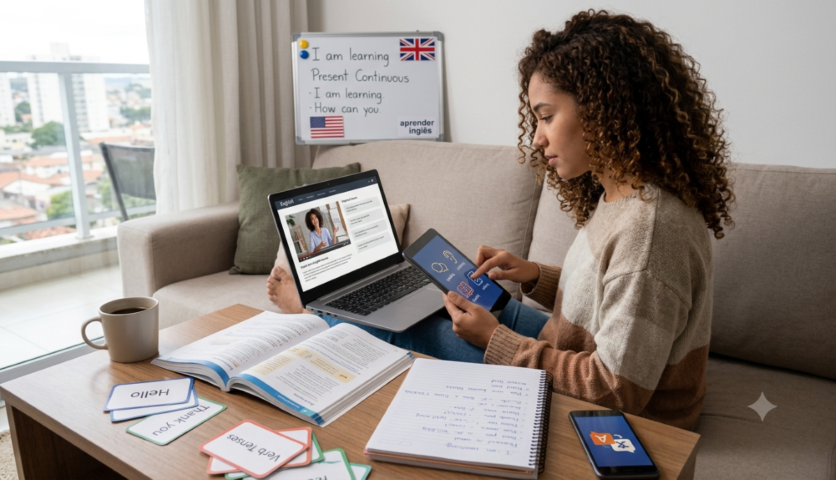 Pessoa estudando ingles em notebook e celular usando aplicativos de aprendizado de indiomas 