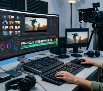 Pessoa editando video em compupador usando aplicativo de edição de video 