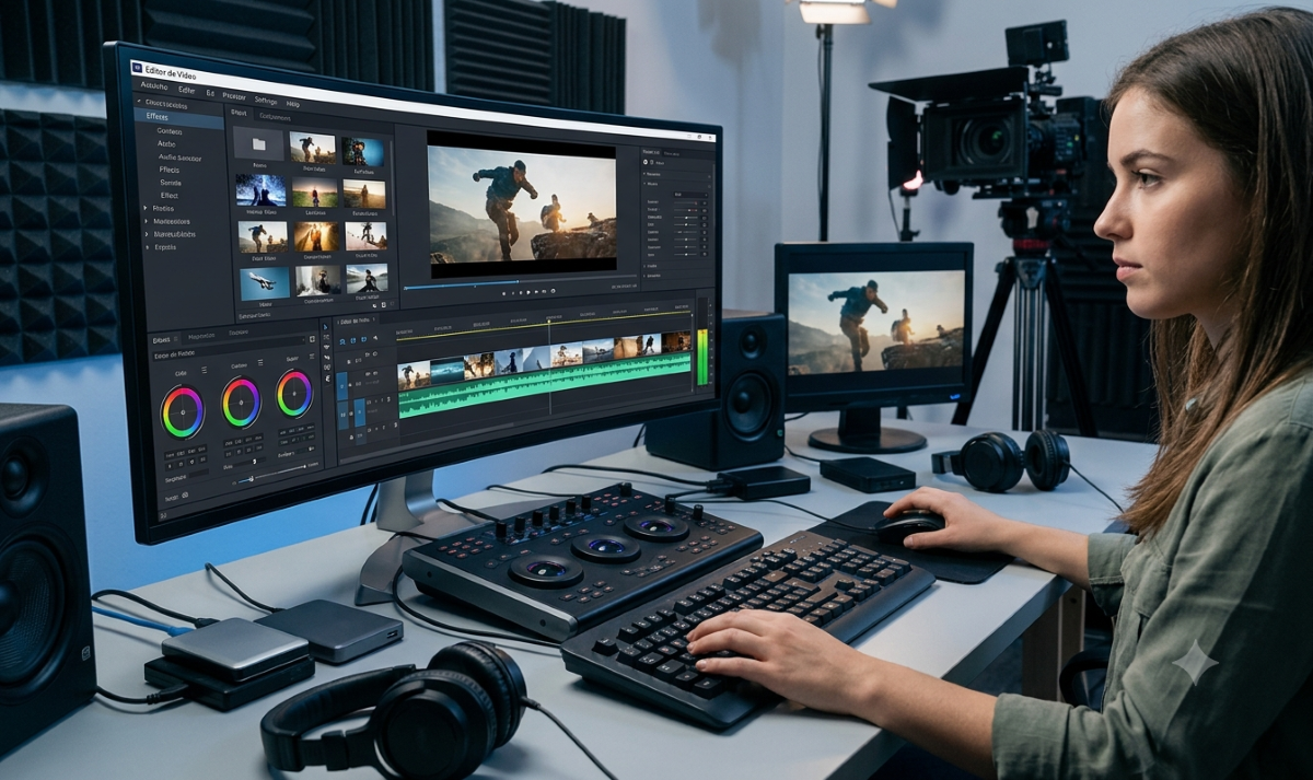 Pessoa editando video em compupador usando aplicativo de edição de video 