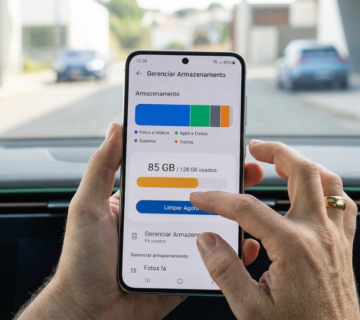 Pessoa usando um smartphone para gerenciar e limpar o armazenamento interno do celular 
