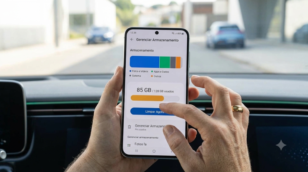 Pessoa usando um smartphone para gerenciar e limpar o armazenamento interno do celular 